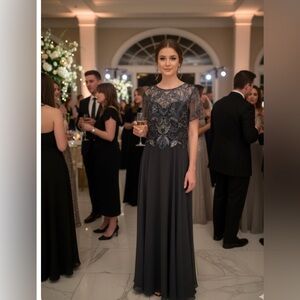 Xscape Navy Blue Lace Maxi Dress